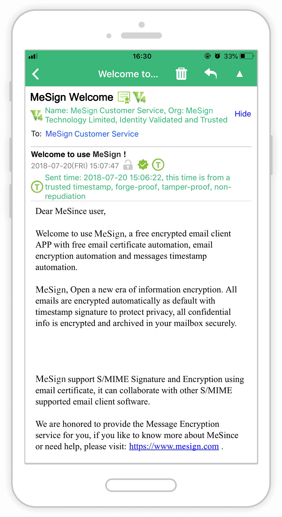 Add trusted timestamp signature to every outgoing email to attest the time of email sent