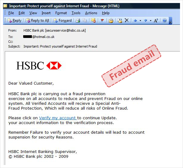 The picture below shows a fake HSBC email